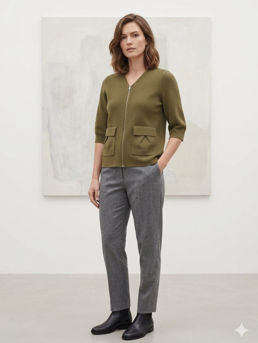 COS OLIVE GREEN ZIP FRONT KNIT CARDIGAN SWEATER XS MINIMALIST